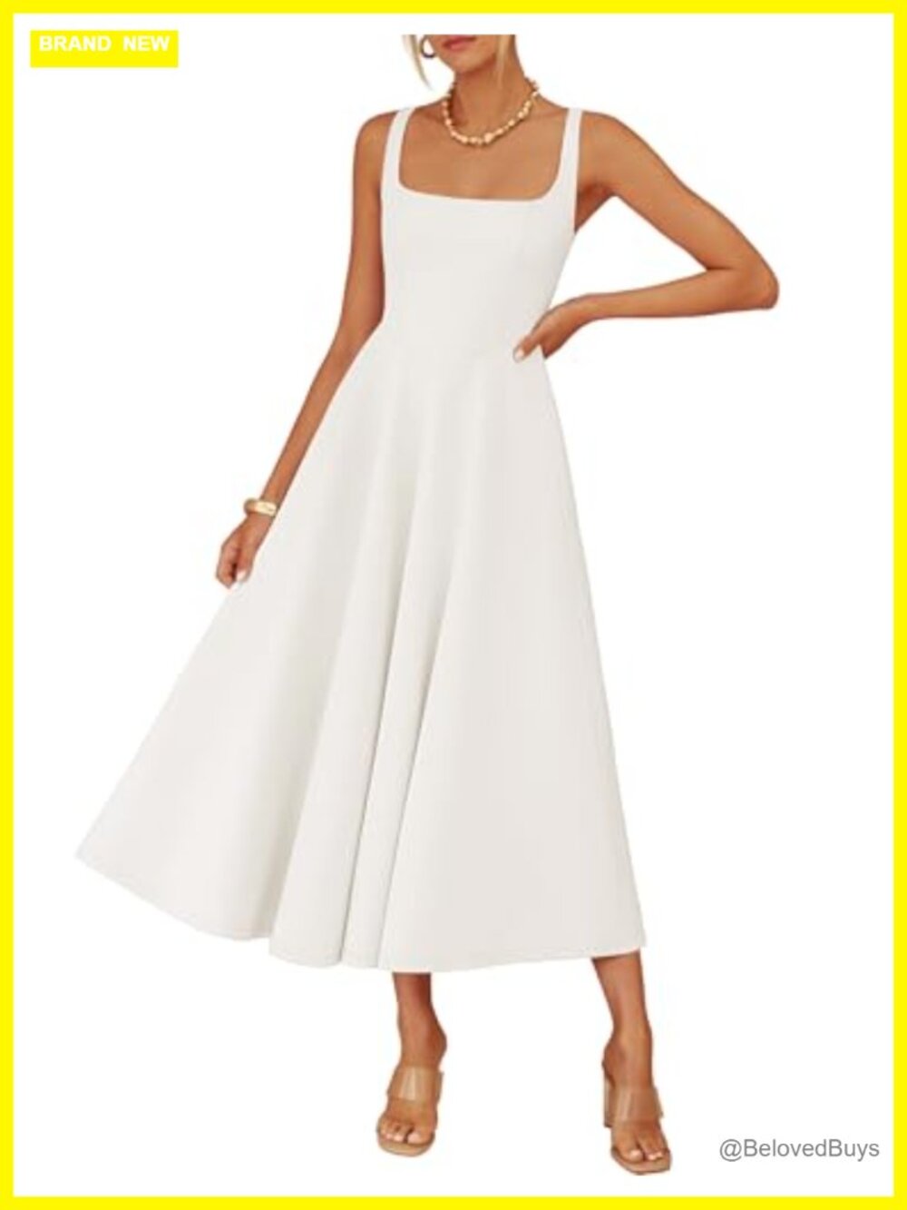 Womens Sleeveless Square Neck A Line Midi Dress with Pockets